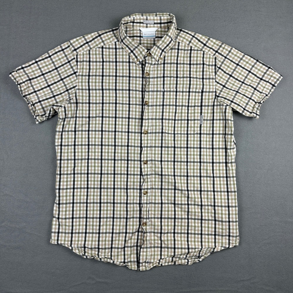 Columbia Mens Large Regular Fit Short Sleeve Plaid Button Down Shirt Green Tan